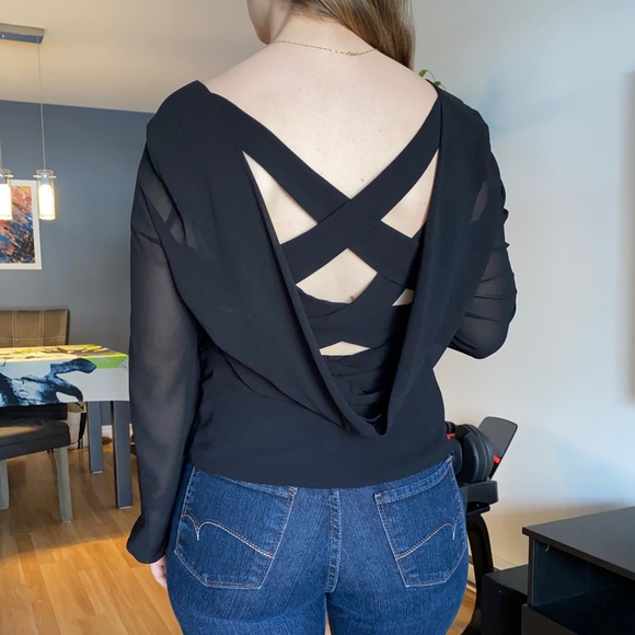 Blouse with mesh balloon sleeves open back in black - Picture 5 of 5
